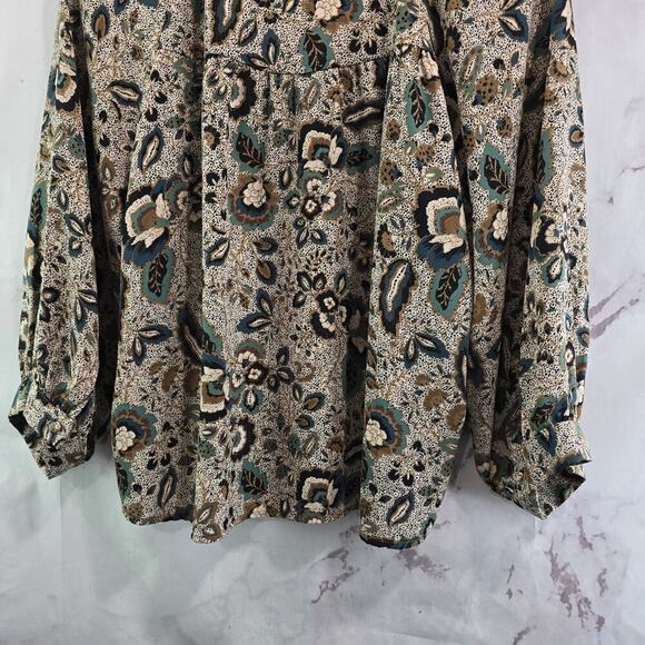 Evereve Shirt Women Medium Beige Blouse Popover Button Ruffle Long Sleeve Floral - Picture 7 of 13